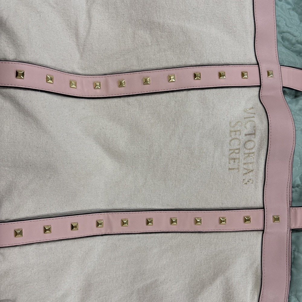 Victoria's Secret Getaway Tote Bag Weekender Canvas Purse Cream Pink Gold Studs